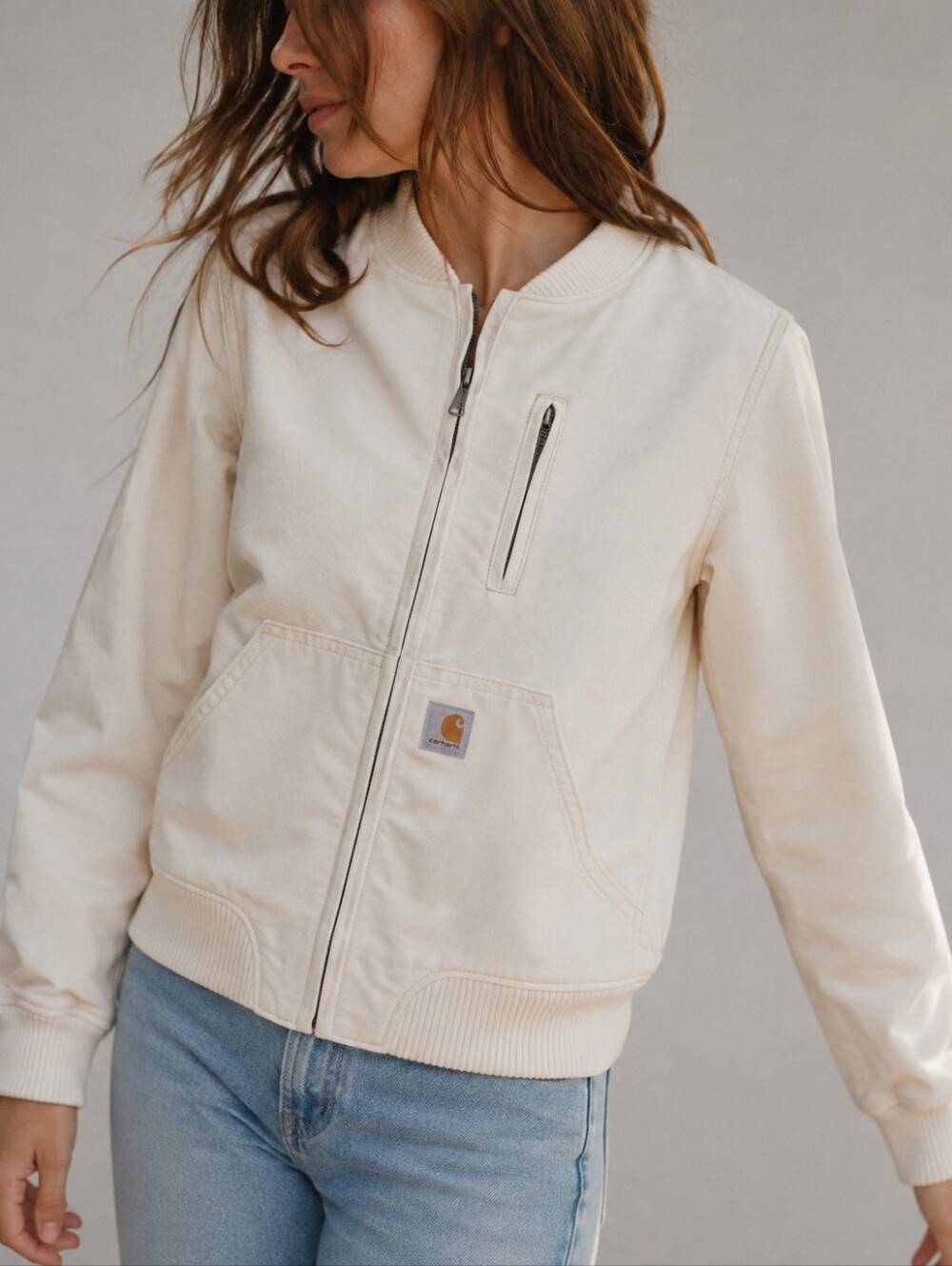 Carhartt Rugged Flex Ivory Bomber Jacket Relaxed Fit Zip Utility Womens Size XS